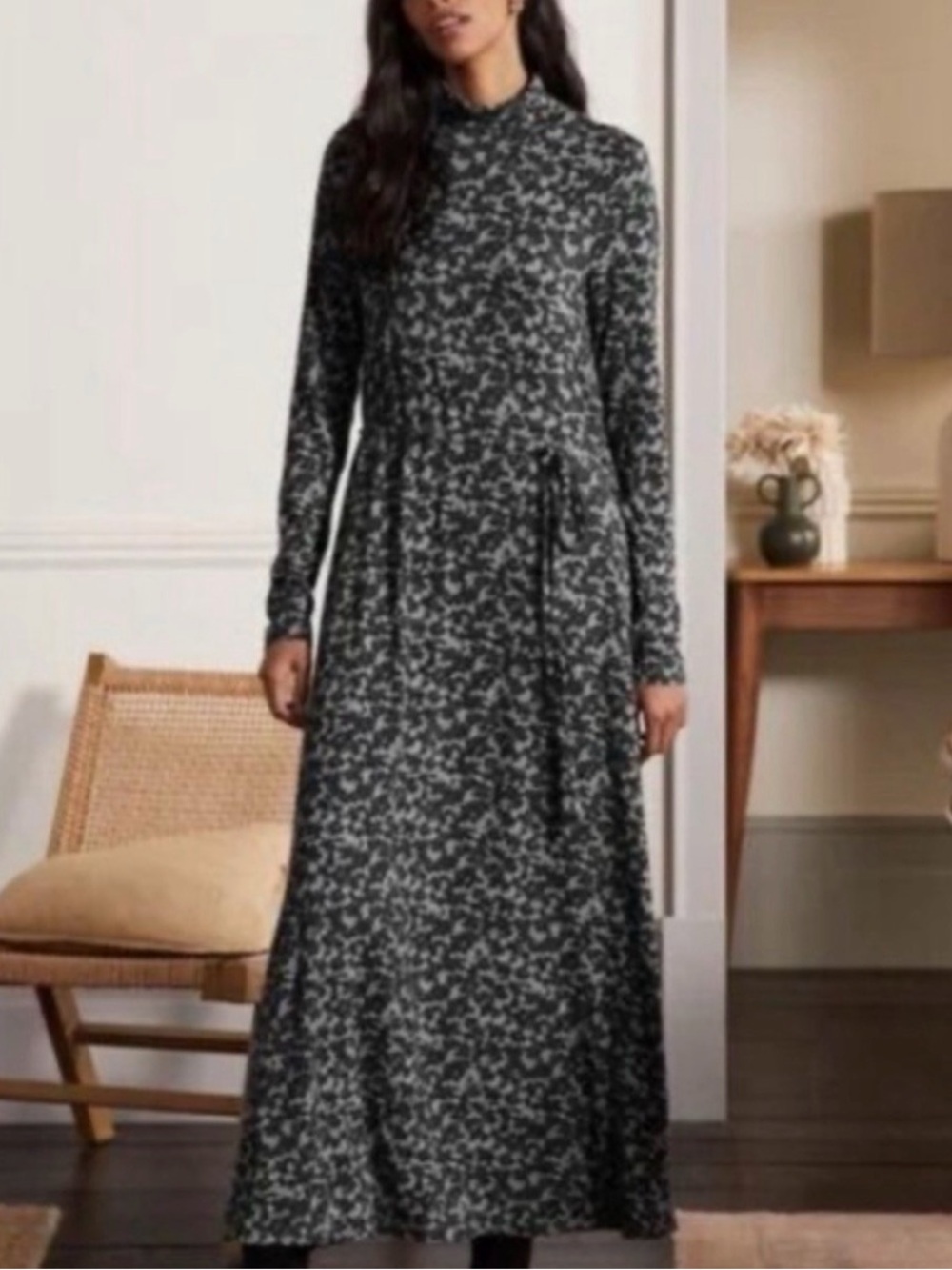 BODEN | Roll Turtleneck Jersey Midi Dress Grey Marl Camo Floral Sz 14L 14 long